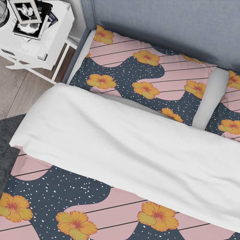 Ensemble de housse de couette à rayures florales bleues et roses - Polyester en microfibre