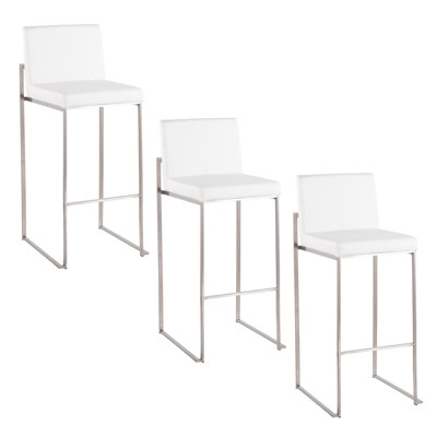 30" Contemporary High Back Barstool in Stainless Steel and White Faux Leather  - Set of 3