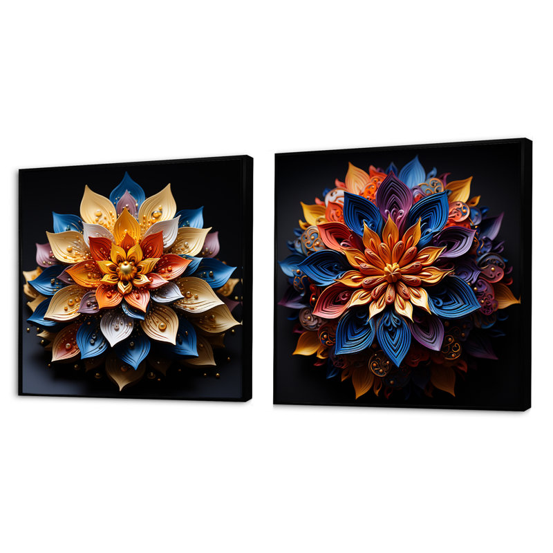 Hindouisme Mandala Lotus Meditation - Ensemble de 2 collages de l'hindouisme carré, Cadre flottant noir, H 30 po x l 61 po