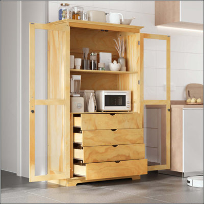 Kitchen Pantry, Freestanding Kitchen Storage Cabinet Display Cabinet With Glass Doors And 4 Built-In Drawers For Living Room, Home Office by Ebern Designs