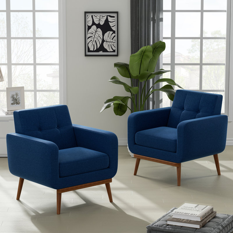 Donka Solid Wood Upholstered Armchairs, Blue Polyester