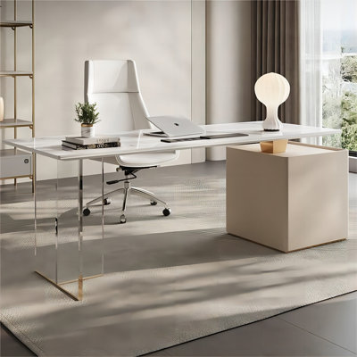 Beige Rectangular Sintered Stone Writing Desk,2-drawer