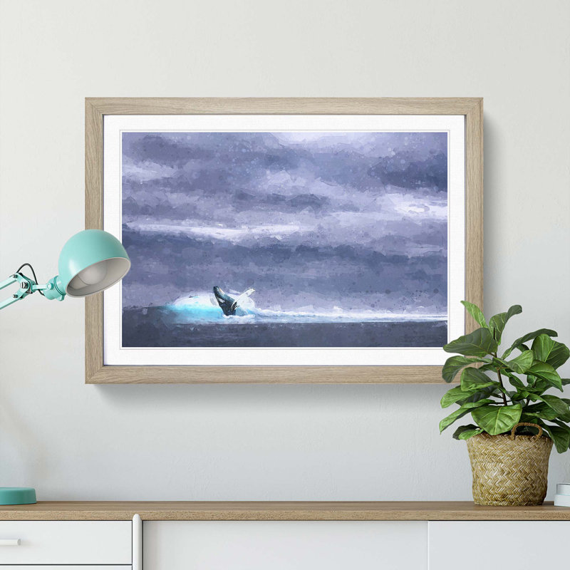 Blue Whale with Ocean Scene in Abstract - Picture Frame Painting Print, Oak Framed, 48cm H x 65cm W x 2cm D
