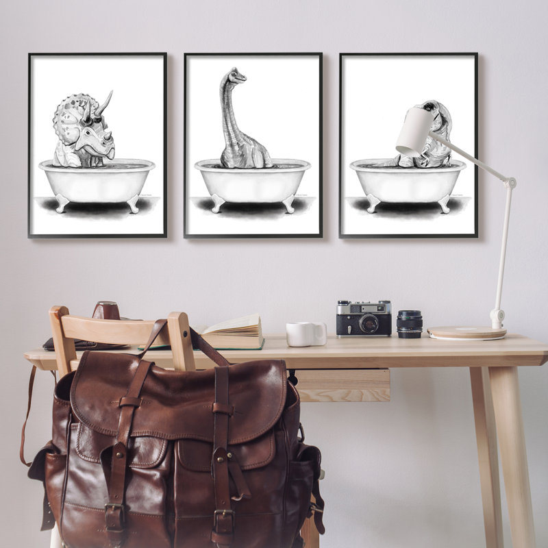 «Dinosaurs Bathing Bath Tub» par Rachel Nieman - ensemble de 3 impressions, H 30 po x l 24 po, Toile tendue