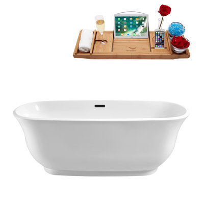 67" Streamline Freestanding Soaking Acrylic Bathtub With Drain and Bamboo Tray
