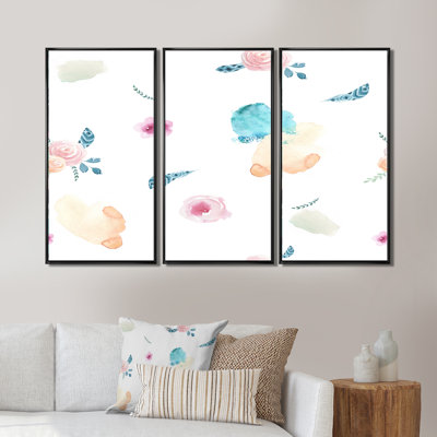 Fleurs abstraites roses et bleues - ensemble d'art mural sur toile traditionnel encadré de 3