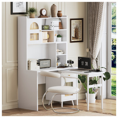 L-Shaped Computer Desk with 90-Degree Rotating Desktop, 43x70 Inch White Wood Corner Workstation