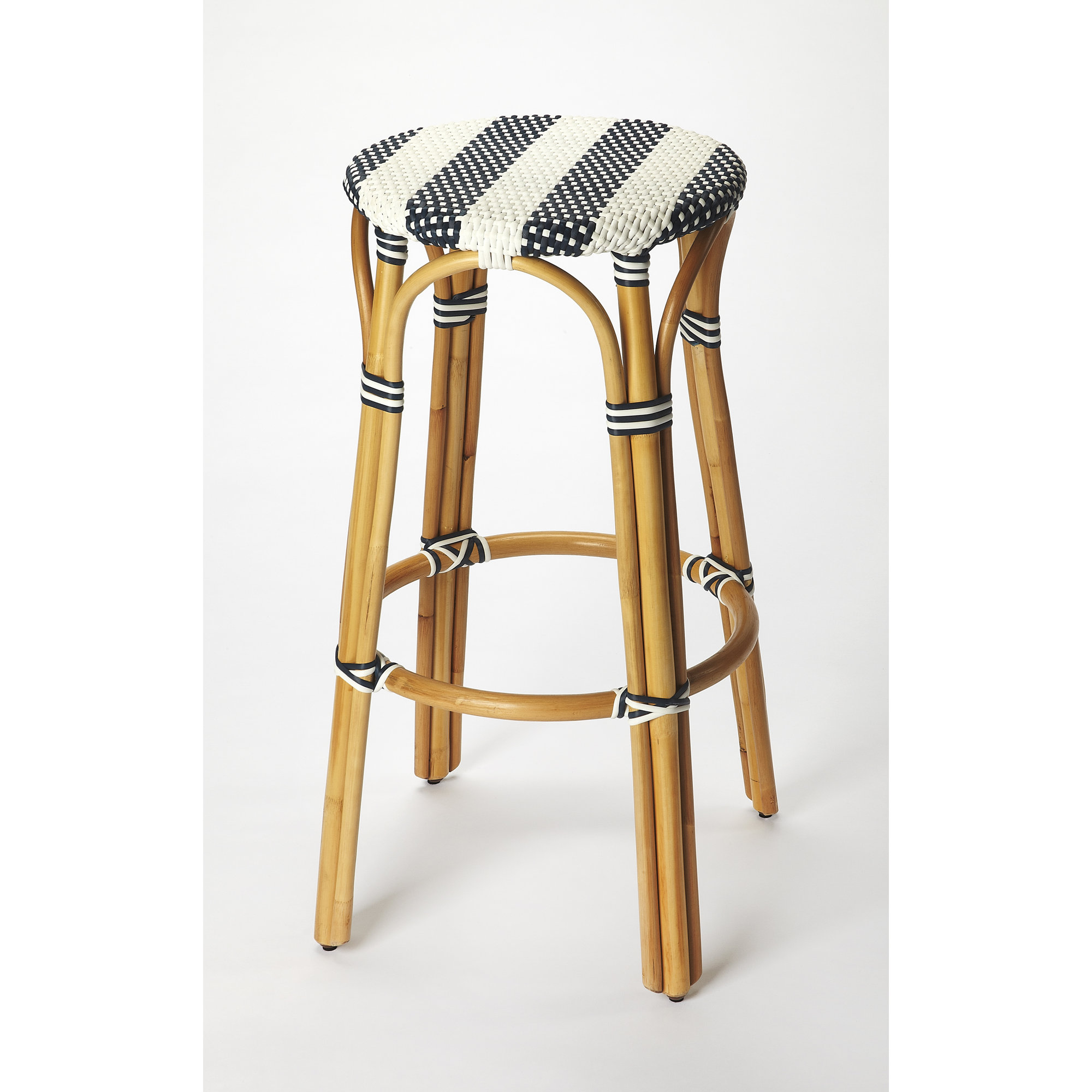 Alastair Bar & Counter Stool, Bar Stool (30" Seat Height), White/Navy Stripe/Natural Rattan Frame