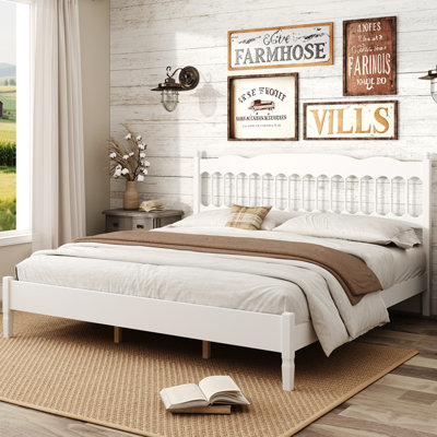 Countryside Style King Size Wooden Bed Frame with Spindle Headboard, Heavy-Duty Platform Bed with Slats Support, No Box Spring Required, Easy Assembly, White