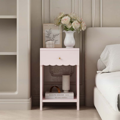 Table de chevet moderne avec tiroir et tablette ouverte, table de chevet festonnée pour la chambre à coucher, jolie table d'appoint minimaliste pour chambre d'enfant ou de fille, rose