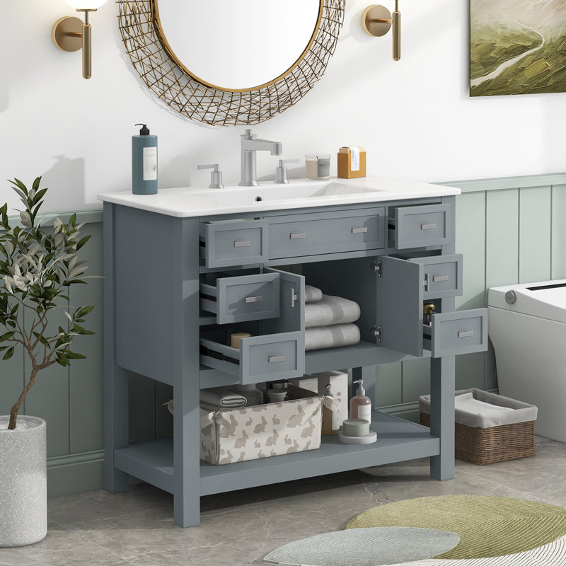Meuble-lavabo moderne avec 2 portes et 6 tiroirs Roomfitter 36 po avec lavabo, gris