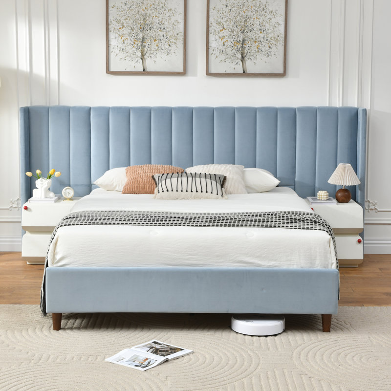 Upholstered Platform Bed With Oversized Headboard, Covered in Premium Velvet Fabric, Blue, Queen