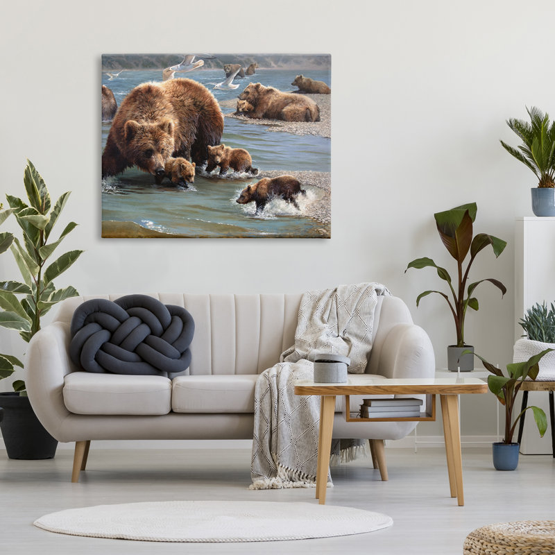 «Grizzly Bear Family pêche sur toile», H 36 po x l 48 po x P 1,5 po