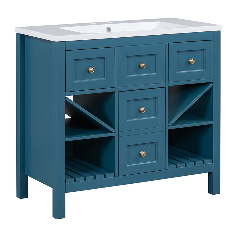Ensemble de meuble-lavabo avec 5 tiroirs et portes à fermeture douce, Bleu