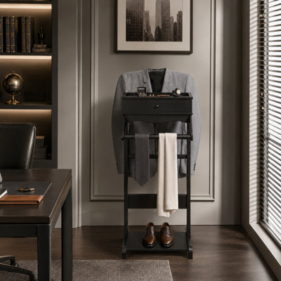 Portant à vêtements avec tablettes de rangement, porte-valet en bois pour hommes femmes