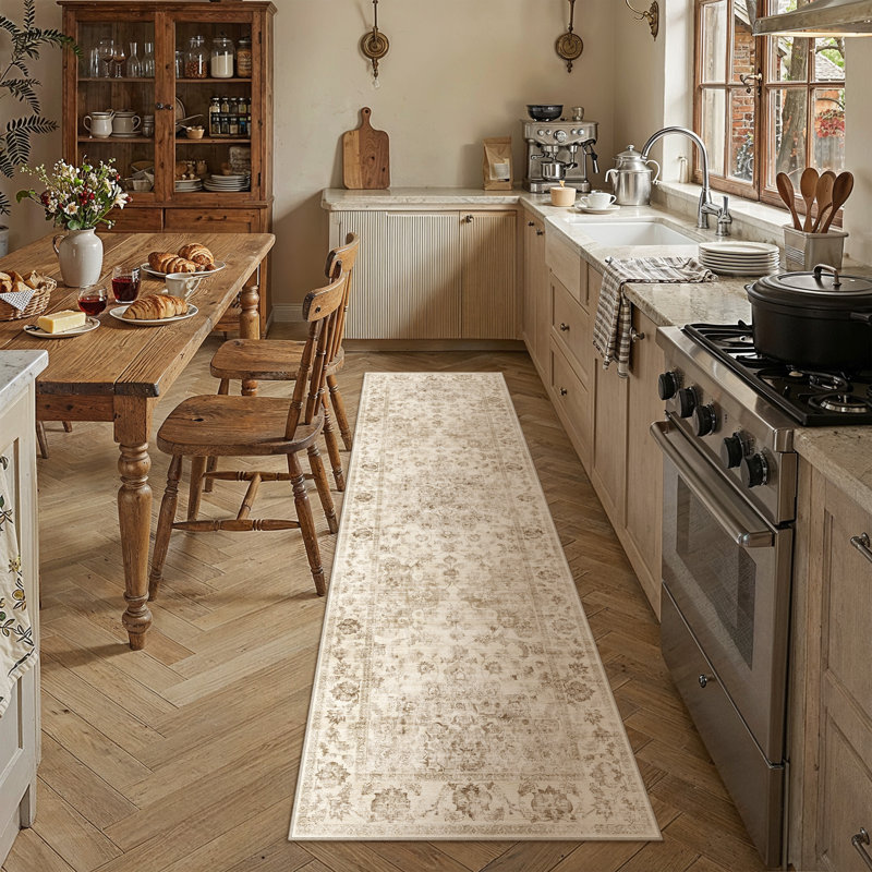 Tapis beige lavable Kitty avec envers antidérapant pour le salon, Tapis de couloir 2 pi x 8 pi