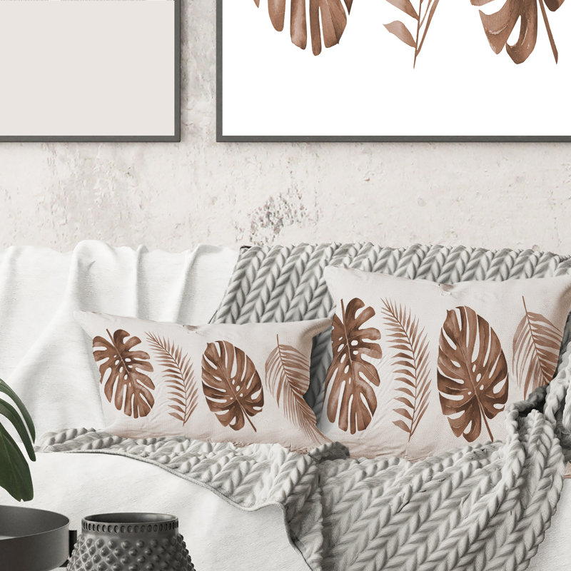Rectangle, Monstera tropical et feuille de palmier en terre cuite - coussin décoratif traditionnel