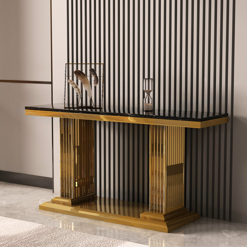 Halonna 59.1'' Marble Top Console Table, Gold, Black Marble