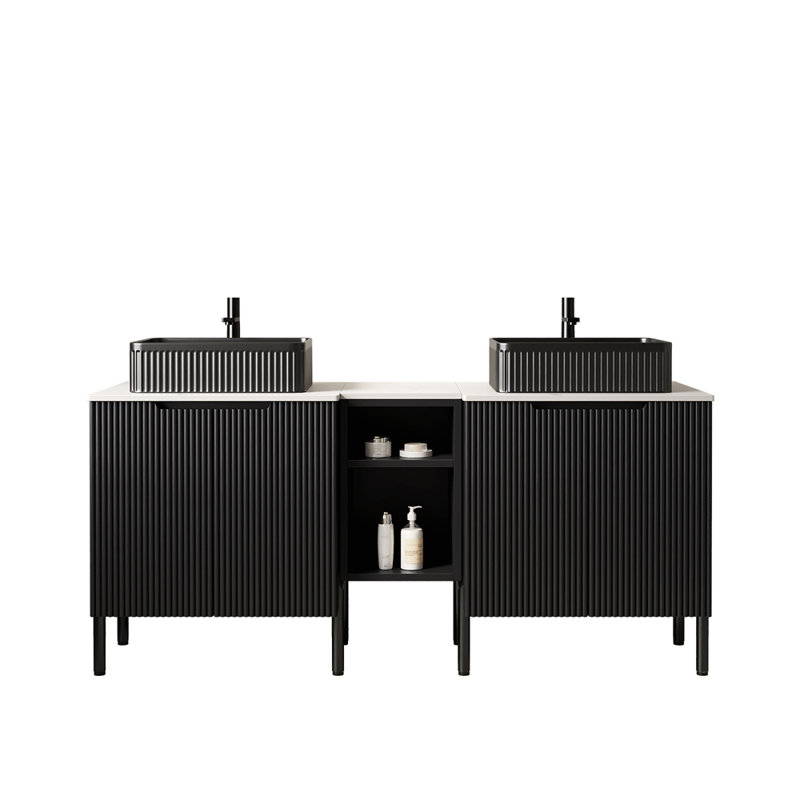 Meuble-lavabo double autoportant 60 po avec lavabo 60 po, 2 armoires de rangement rayées 24 po + tablette ouverte amovible 12 po, 2 vasques rectangulaires avec comptoir blanc Carrara