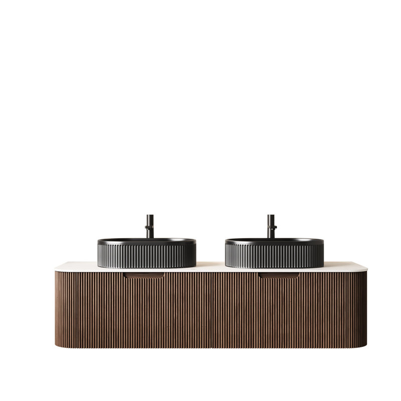 Meuble-lavabo moderne de 60 po avec 2 vasques en céramique noire, noyer foncé, pré-assemblé, rangement spacieux, tiroirs à fermeture en douceur, finition rayée 3D, lavabo de haute qualité, lavabos ovales de comptoir, mur
