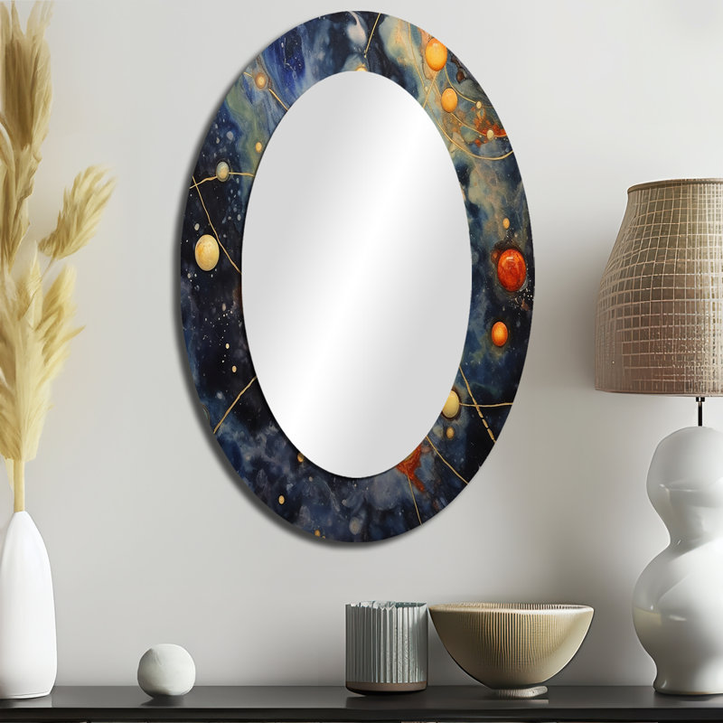 Bleu bleu jaune univers galactique - miroir décoratif ovale fantaisie sur métal, 36 po x 24 po