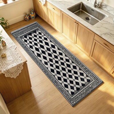 Tapis de couloir de cuisine noir et blanc à motif géométrique moderne à motif de losanges antidérapant pour cuisine, couloir, buanderie et entrée