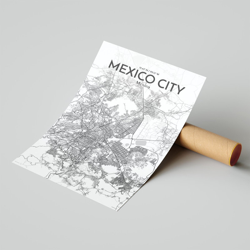 «Mexico City Map», impression, H 17 po x l 11 po, Gris / blanc