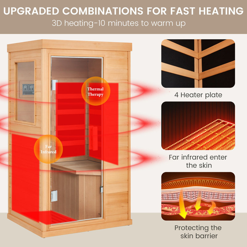 1-Person Infrared Sauna – Compact Hemlock Wood Indoor Dry Sauna with 4 Heater Panels, Bluetooth Speaker, Tempered Glass Door – Easy to Use and 110V