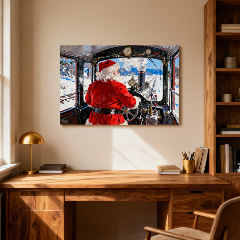 Christmas Santa Driving Steam Train Winter Scene, 12" H x 18" W