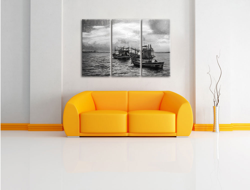 3-tlg. Leinwandbild-Set „Thailändische Fischerboote im Meer“, Kunstdruck