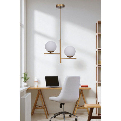 Elegant Adjustable Chandelier, White & Gold Metal Body, 5.9 in x 8.3 in | Ø15 in Glass Cap, Total Height: 31.5 in | 2 x E27 Max 40W Socket (Bulb Not Included) | Perfect for Modern Dining Rooms & Living Spaces