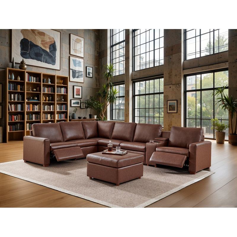132" W Hudson Recliner Leather-Matched Sectional, Brown Faux Leather