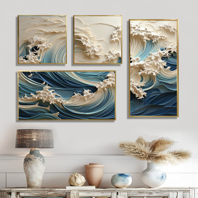 Vague blanche et bleue de style papercut III - Vagues côtières, art mural grand 4 pièces