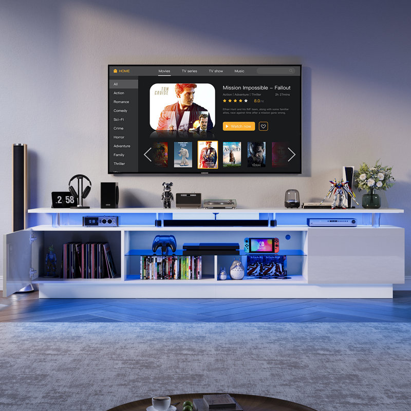 Meuble télé Zytha de 80 po pour téléviseur de 90 po ou moins, console multimédia moderne avec lumière DEL RVB et station de charge intégrée, grand espace de rangement   