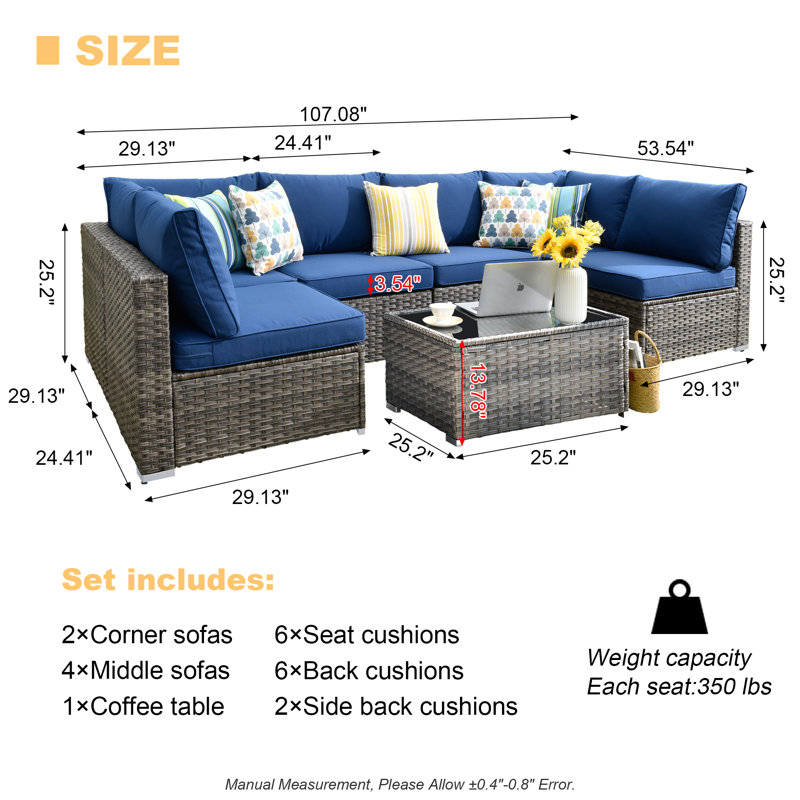 Ensemble de conversation d'extérieur pour 6 personnes avec coussins Braydyn, Bleu marine