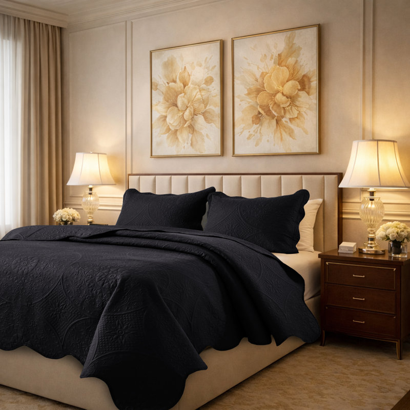 Floral Embossed Microfiber Quilt Set Pre-Washed  Soft Bedspread, Black, Queen Bedspread + 2 Standard Pillowcases