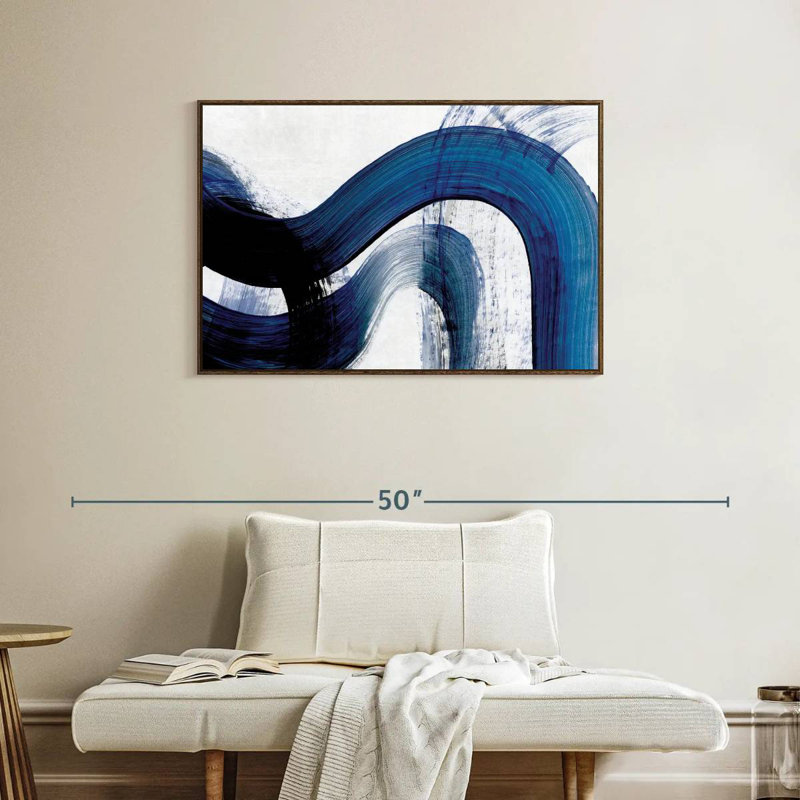 Blue Clota Curves, 37 po x 25 po, Cadre flottant en noyer