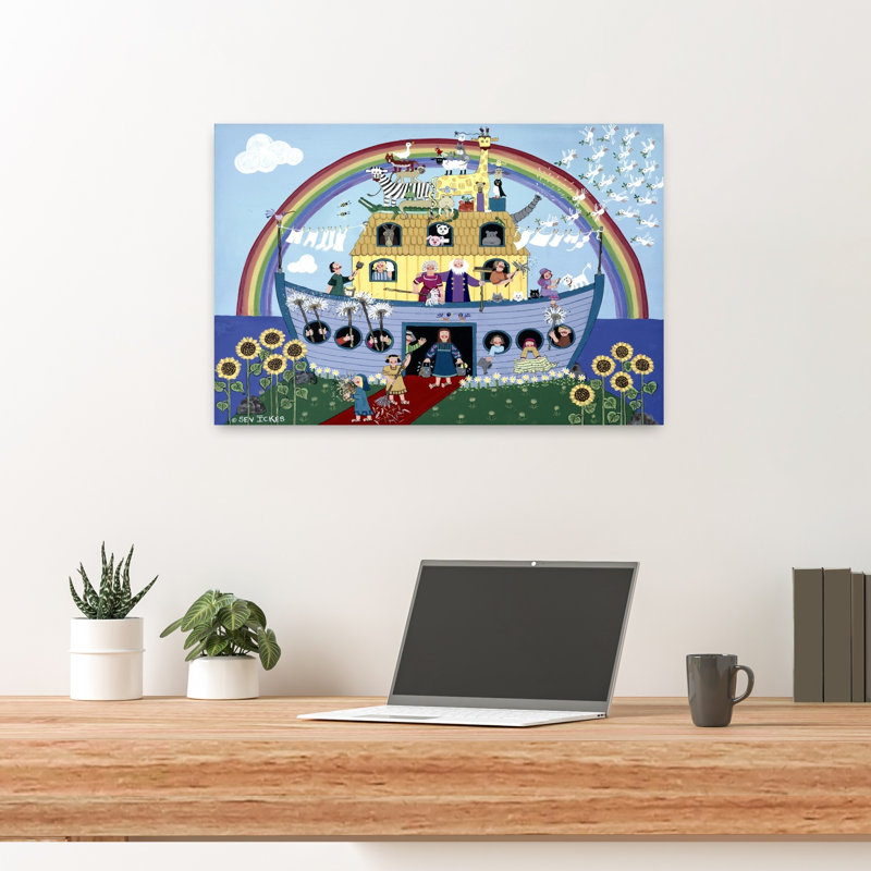 Noah'S Ark Rainbow Colorful Playful Whimsical Bird Sunflower Ocean Landscape Wall Art Print, 40.64cm H x 60.96cm W