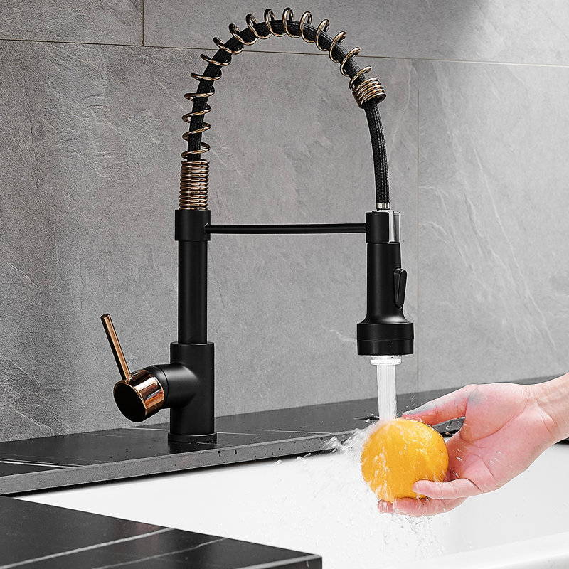Single Handle Lever Led Kitchen Faucet With Pull Down , Black And Rose Gold Sink Faucet, Contemporary Style, Brass Material, 360 Degree Rotating High Arch Spout, Corrosion Commercial Lever, Color,