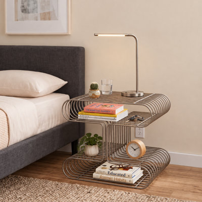 Table d'appoint moderne en métal argenté avec porte-revues, table de bout en forme de H avec tablette de rangement ouverte pour le salon, la chambre à coucher et le bureau