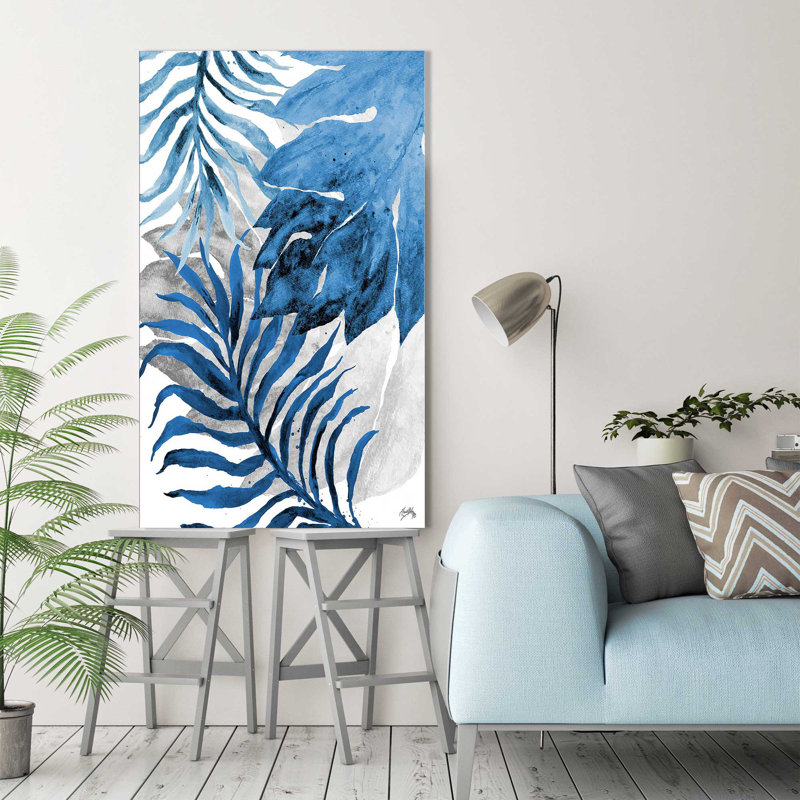 «Blue Fern and Leaf II», reproduction de peinture à l'aquarelle, H 30 po x l 18 po x P 1 po, Toile tendue