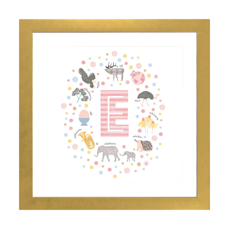 Lettre illustrée E rose - impression, Blanc, H 24 po x l 24 po x p 1 po, Papier encadré doré