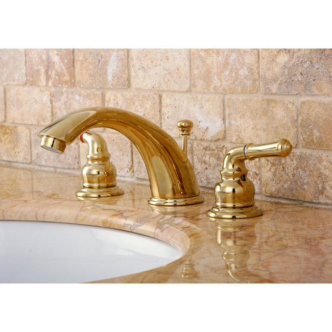 Kingston Brass Magellan Two-Handle 3-Hole Deck Mount Widespread Bathroom Faucet with Retail Pop-Up Drain, Polished Brass
