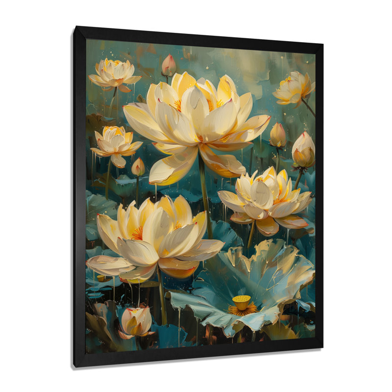 Décoration murale de jardins de lotus blanc et vert II, Cadre simple noir, H 16 po x l 32 po