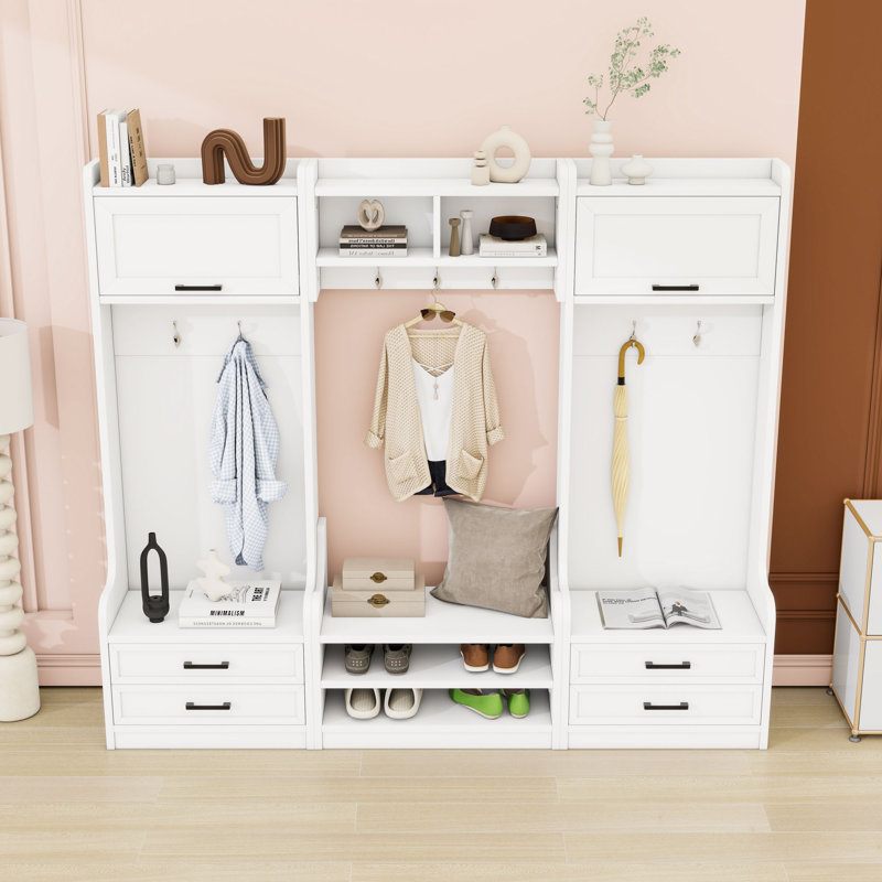 Detachable Hall Tree with Hooks, Drawers & Cabinets, Entryway Shoe Bench with Dividers, White