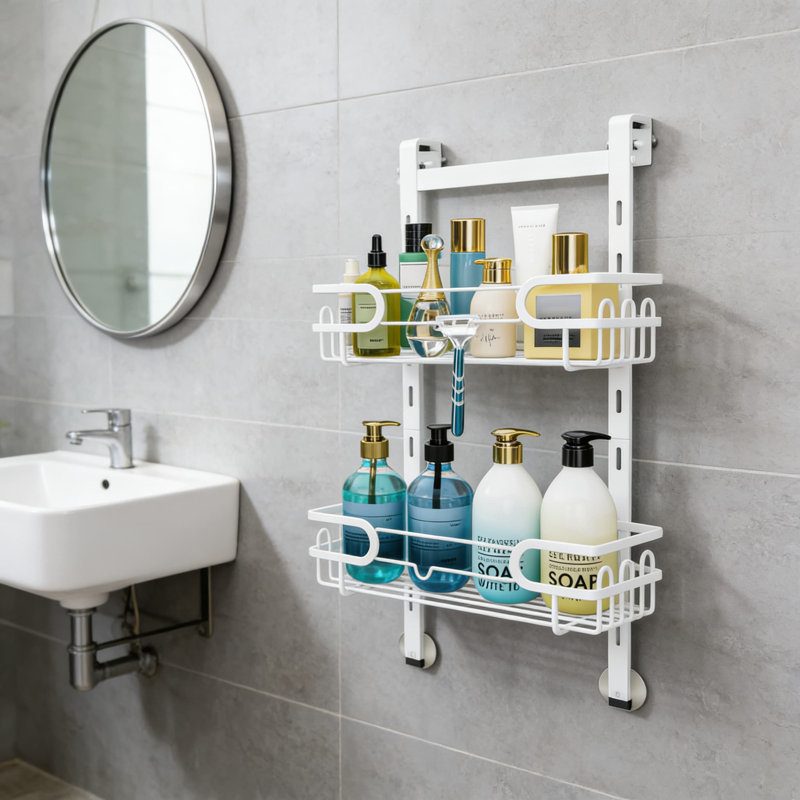 Serviteur de douche au-dessus de la porte avec 12 crochets, tablette de rangement de douche suspendue à 2 niveaux réglable pour le rangement dans la salle de bain, installation facile sans perçage requis