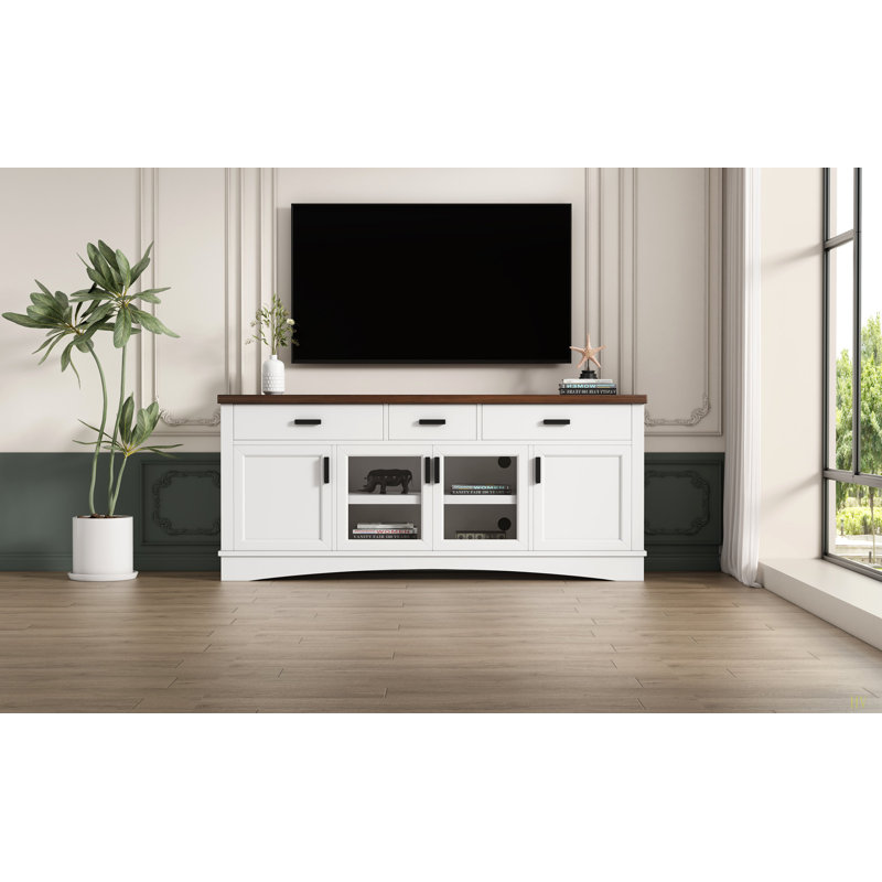 Console de télévision moderne, meuble télé d'une largeur de 67 po, portes et tiroirs de rangement en verre, tablettes réglables