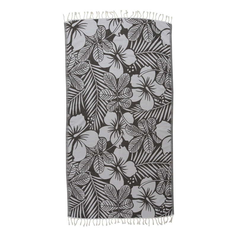 Chanyah Hawaiian Flower Organic Sand-Free Turkish Cotton Beach Peshtemal, 66" x 36" , Black