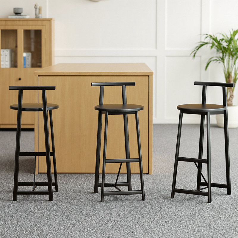 Ensemble de 3 tabourets de bar en métal noir et blanc avec dossier pour îlot de cuisine, salle à manger et salle de pub, Noir