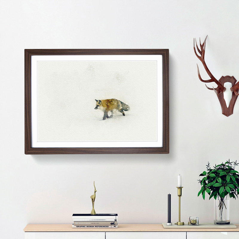 A Red Fox Alone in the Winter in Abstract - Framed Print, 27cm H x 36cm W x 2cm D, Walnut Framed